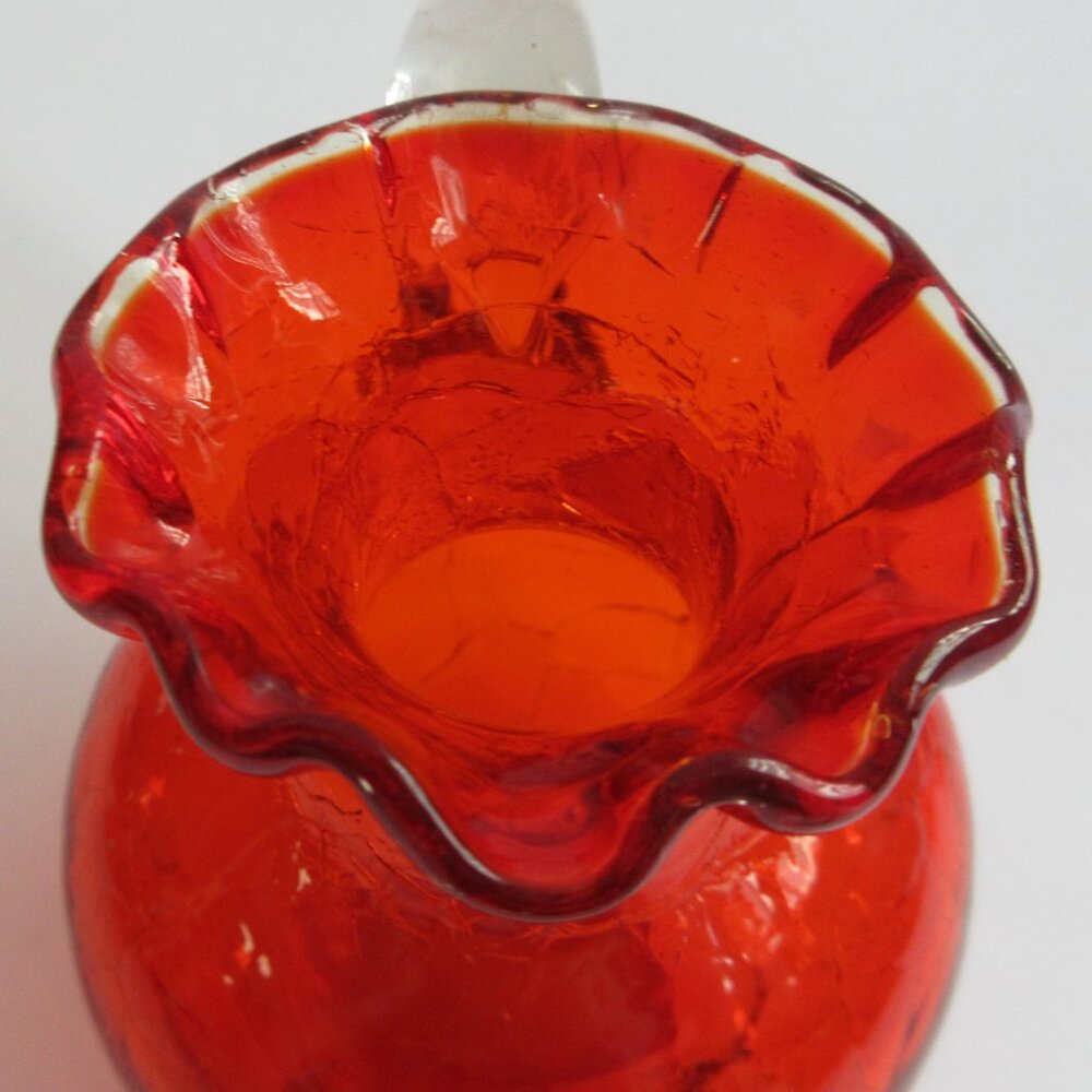 2 Red Crackle Glass Ruffled Top Clear Handle Mini Pitcher Bud Vase 4" - Picture 4 of 16